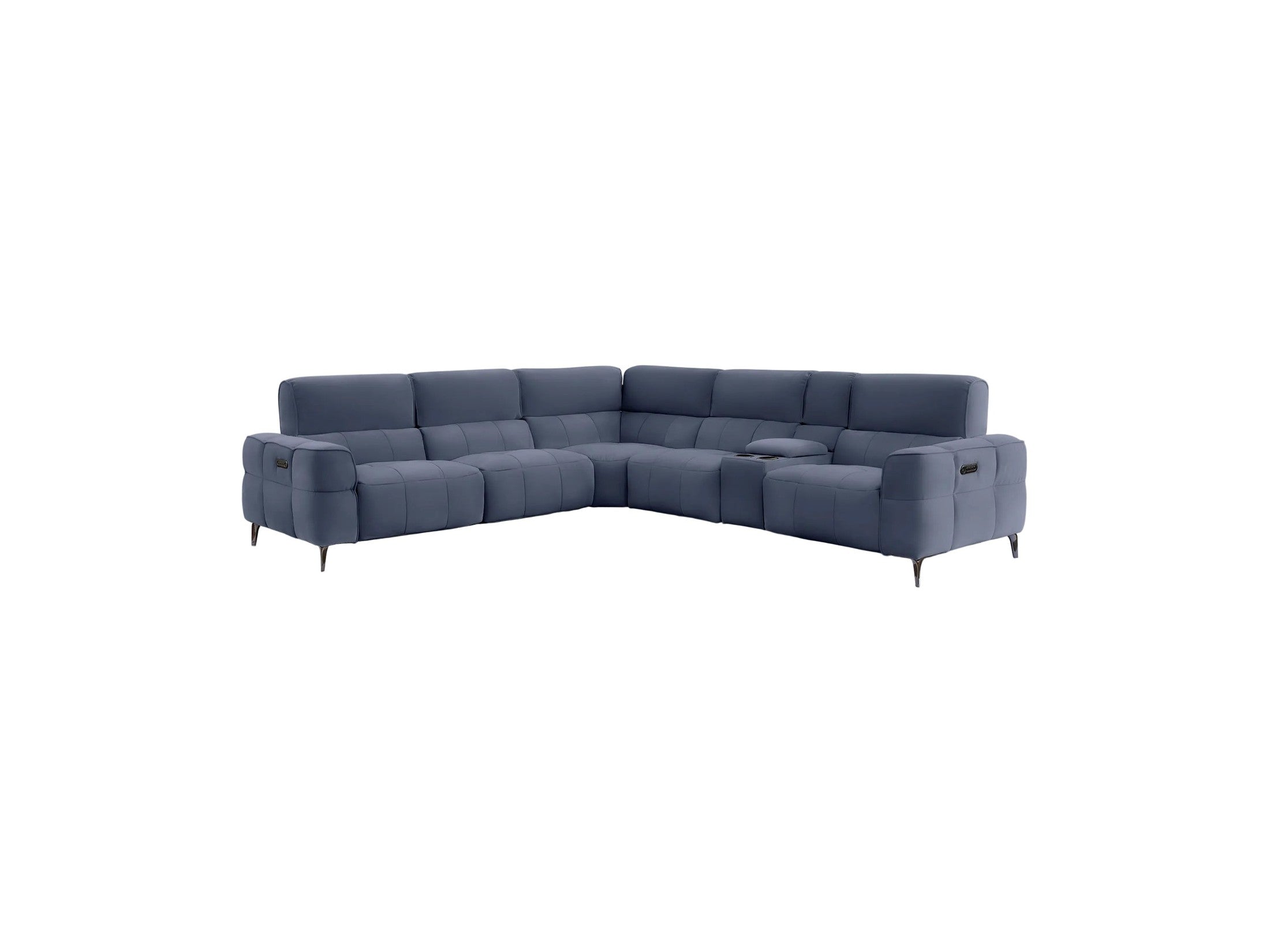 A modern L-shaped sectional sofa upholstered in a textured slate blue fabric, shown from a three-quarter angle against a light gray background.