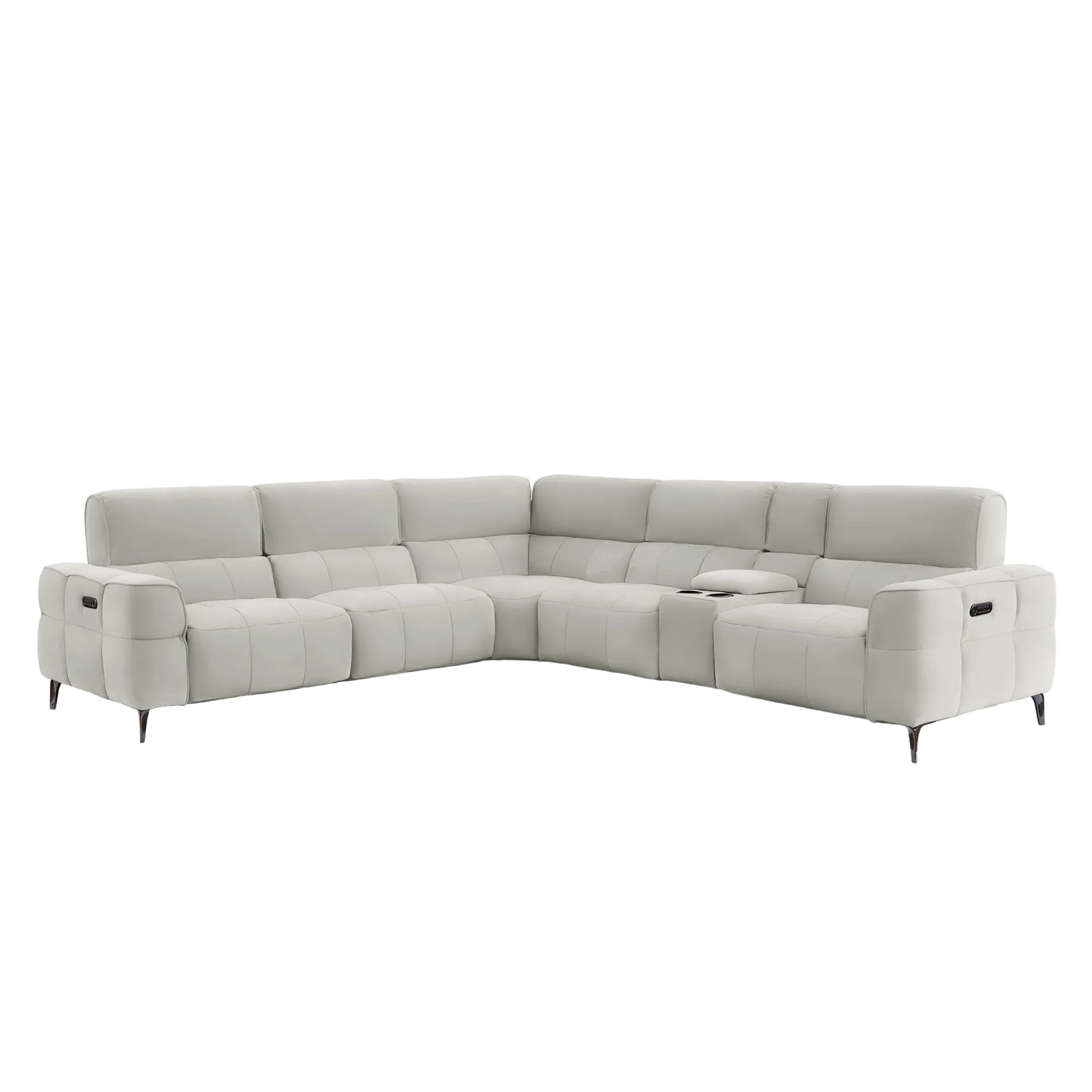 A light gray modular sectional sofa with a low-profile design, black metal legs, and a small center console, shown against a solid off-white background.