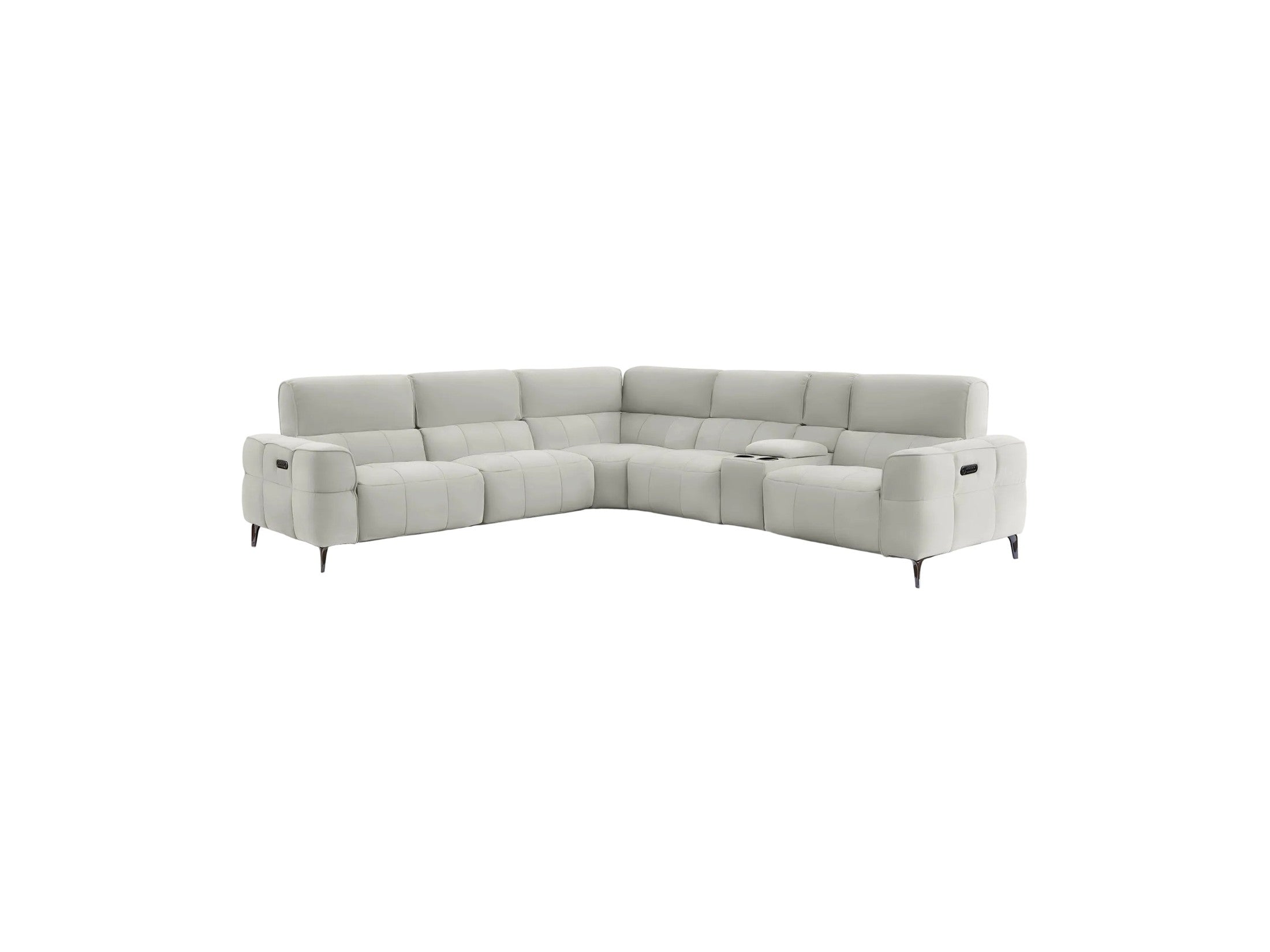 A light gray modular sectional sofa with a low-profile design, black metal legs, and a small center console, shown against a solid off-white background.