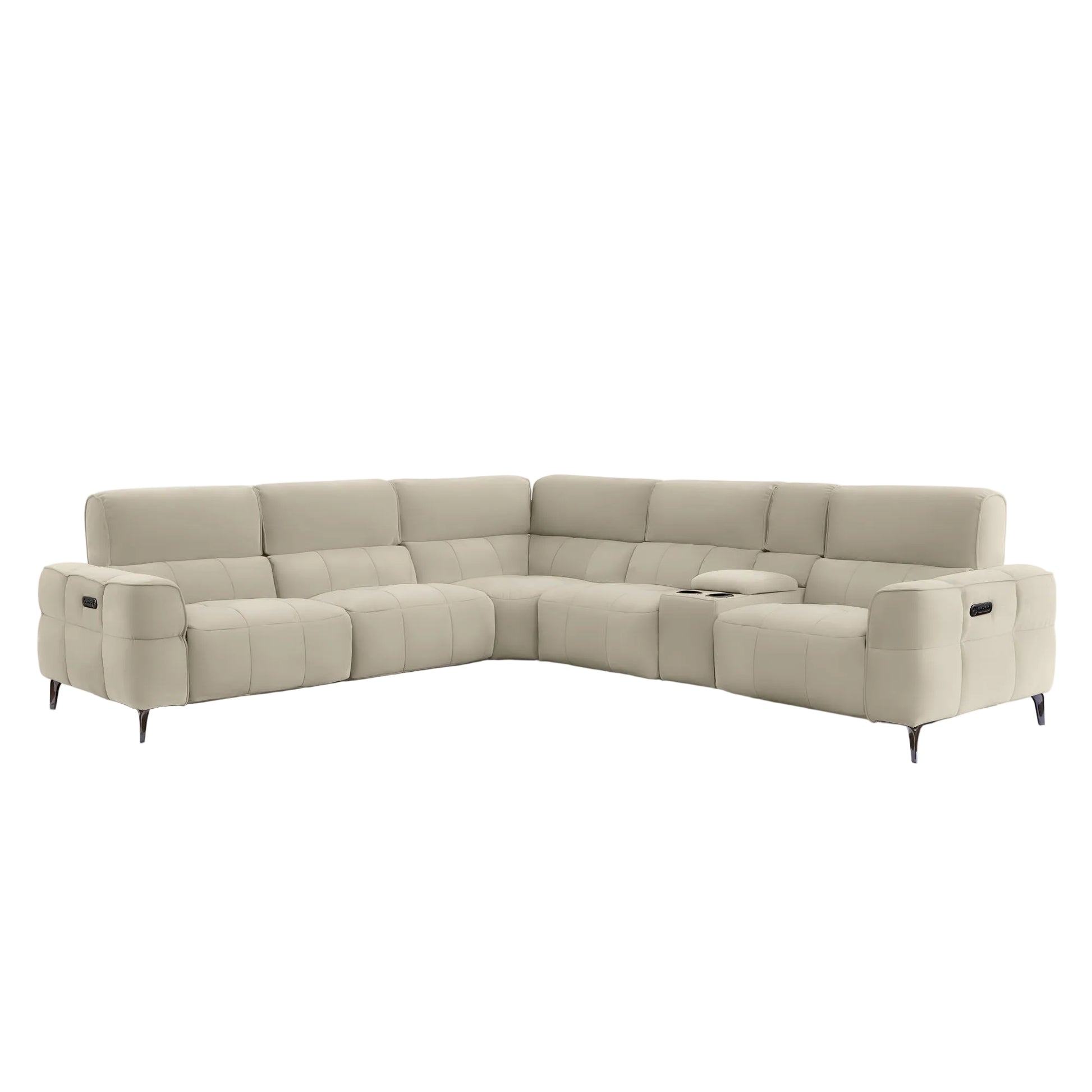 A light gray modular sectional sofa with a low-profile design, black metal legs, and a small center console, shown against a solid off-white background.