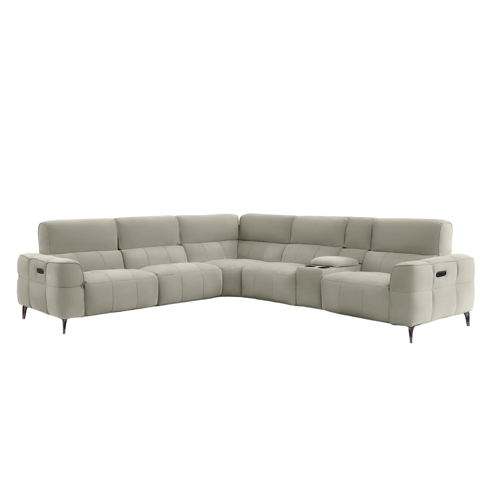 A light gray modular sectional sofa with a low-profile design, black metal legs, and a small center console, shown against a solid off-white background.