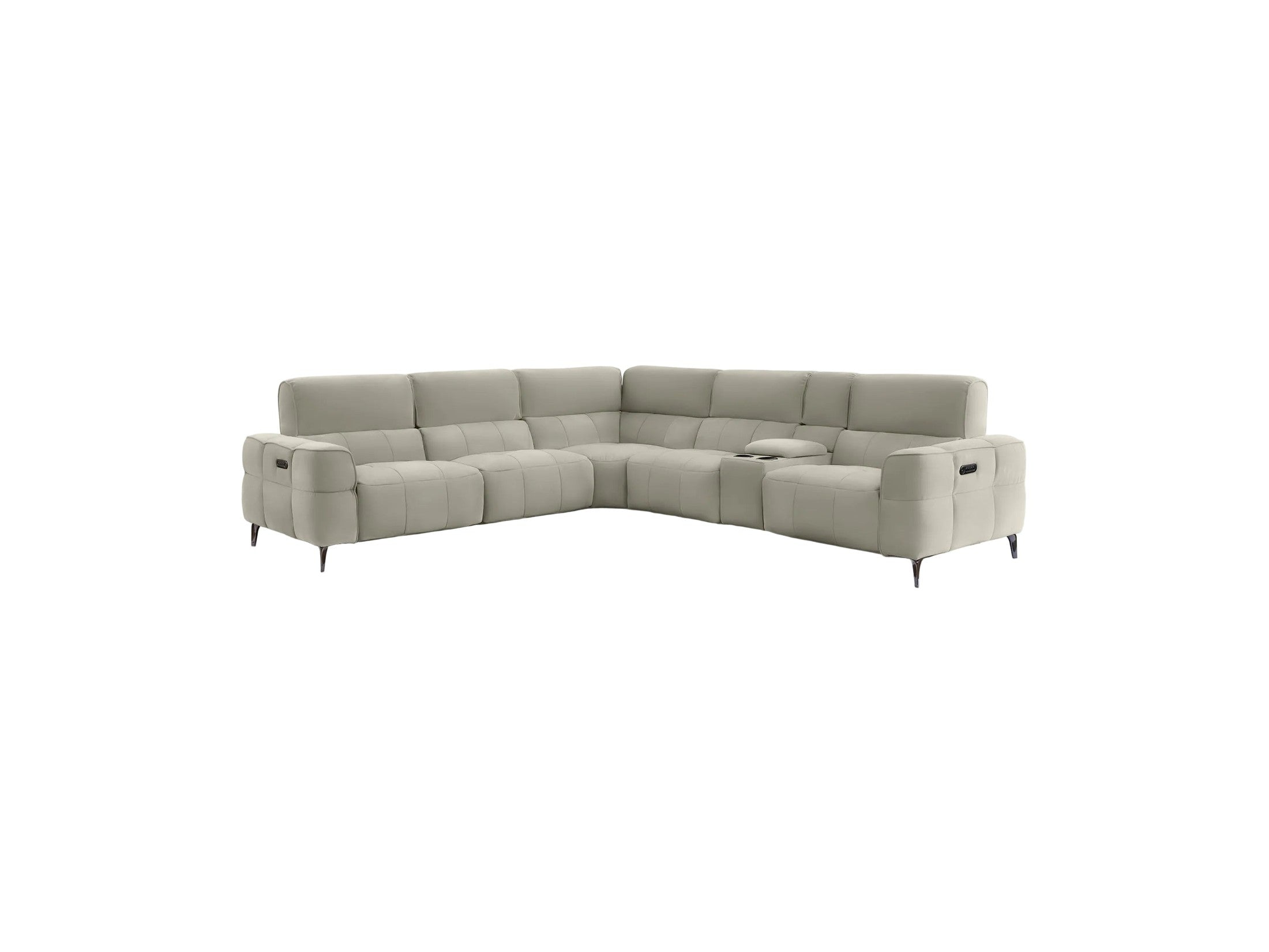 A light gray modular sectional sofa with a low-profile design, black metal legs, and a small center console, shown against a solid off-white background.