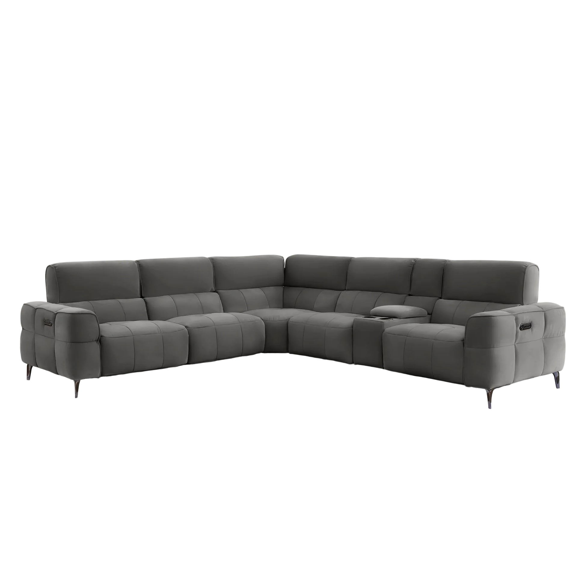 A modern L-shaped sectional sofa upholstered in taupe fabric, featuring segmented cushions, slim black metal legs, and a small center console, shown against a solid light gray background.