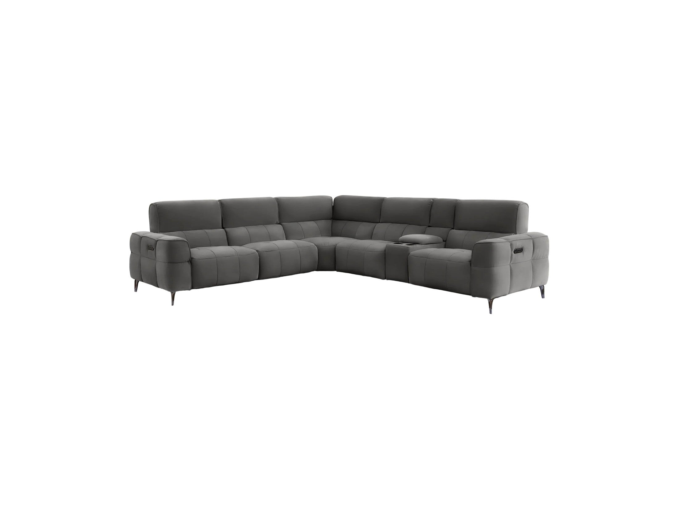 A modern L-shaped sectional sofa upholstered in taupe fabric, featuring segmented cushions, slim black metal legs, and a small center console, shown against a solid light gray background.