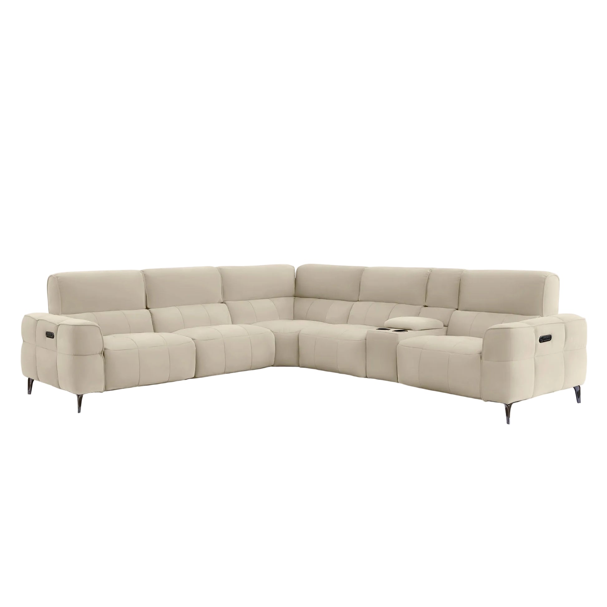 A light gray modular sectional sofa with a low-profile design, black metal legs, and a small center console, shown against a solid off-white background.