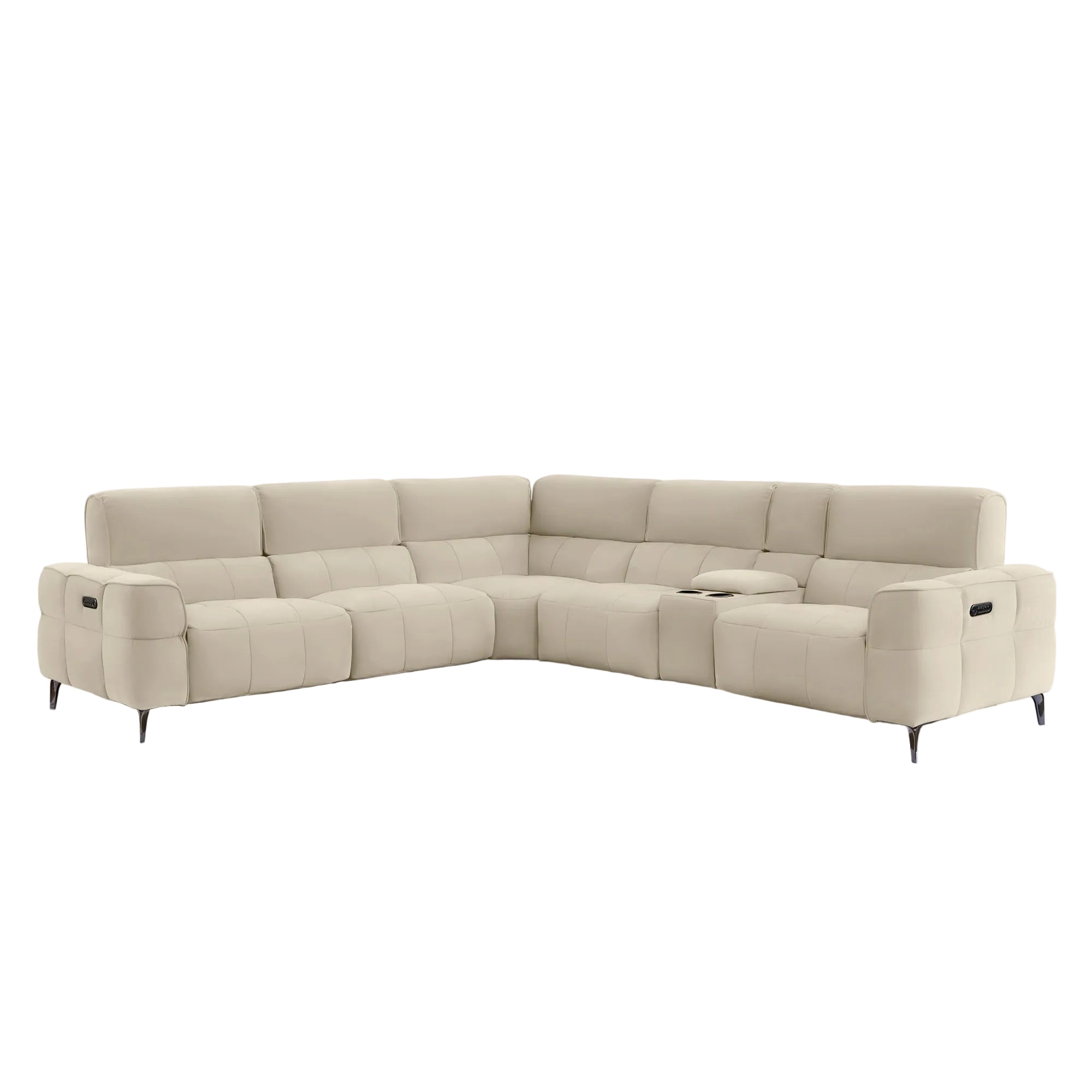 A light gray modular sectional sofa with a low-profile design, black metal legs, and a small center console, shown against a solid off-white background.