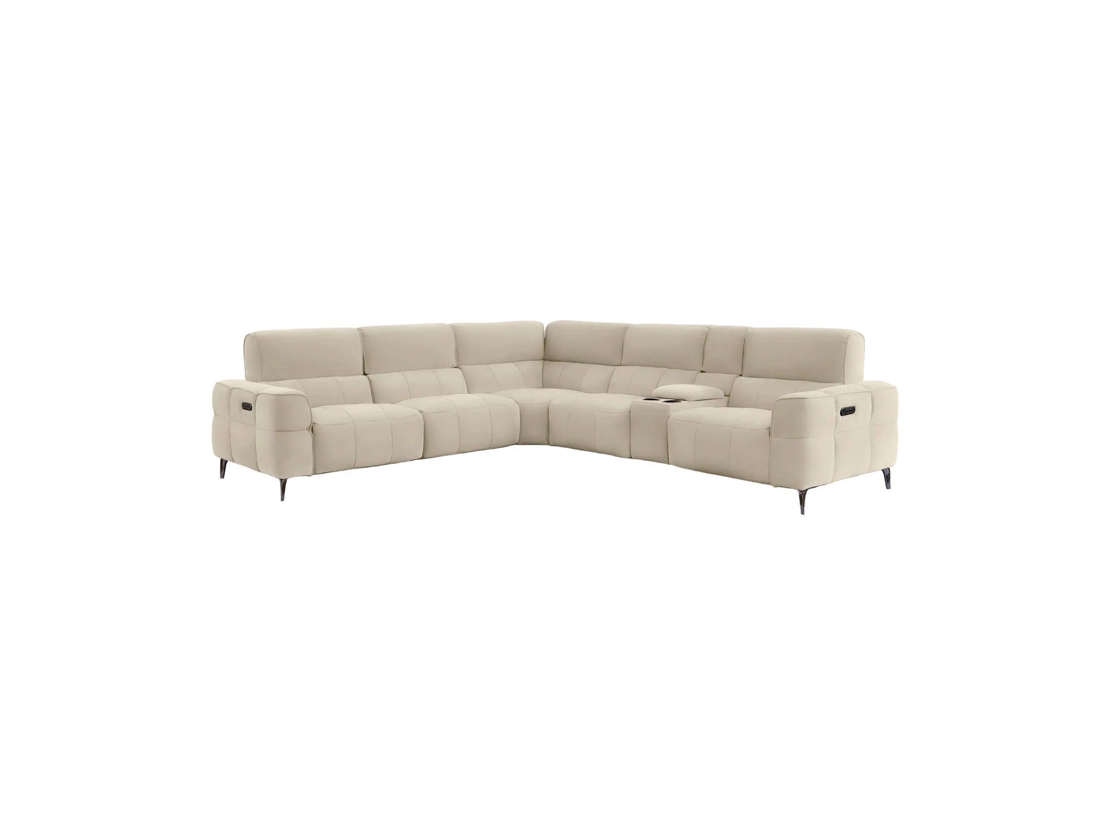 A light gray modular sectional sofa with a low-profile design, black metal legs, and a small center console, shown against a solid off-white background.