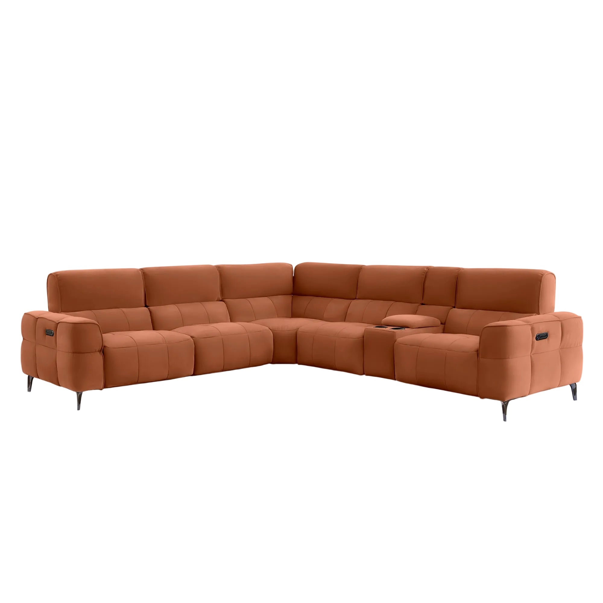 A modern L-shaped sectional sofa upholstered in a warm rust-brown fabric, shown from a three-quarter angle against a light gray background.