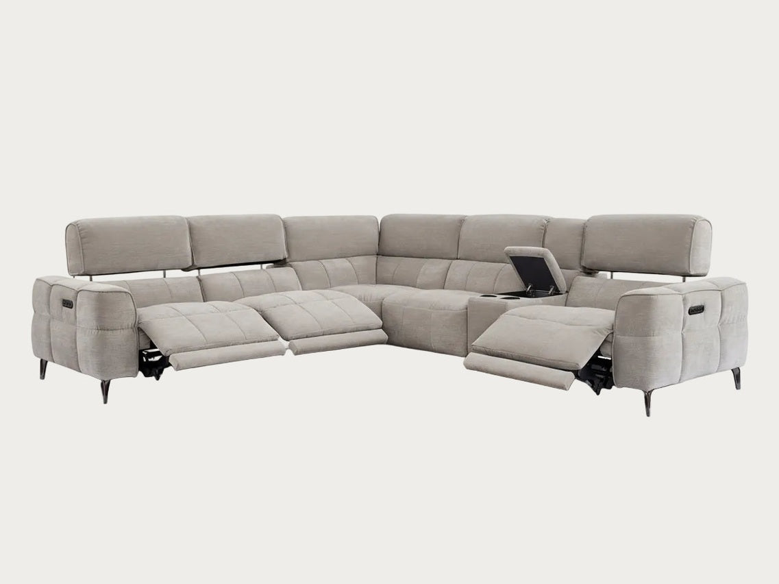 Cubo mist gray sectional sofa with reclining features on a white background