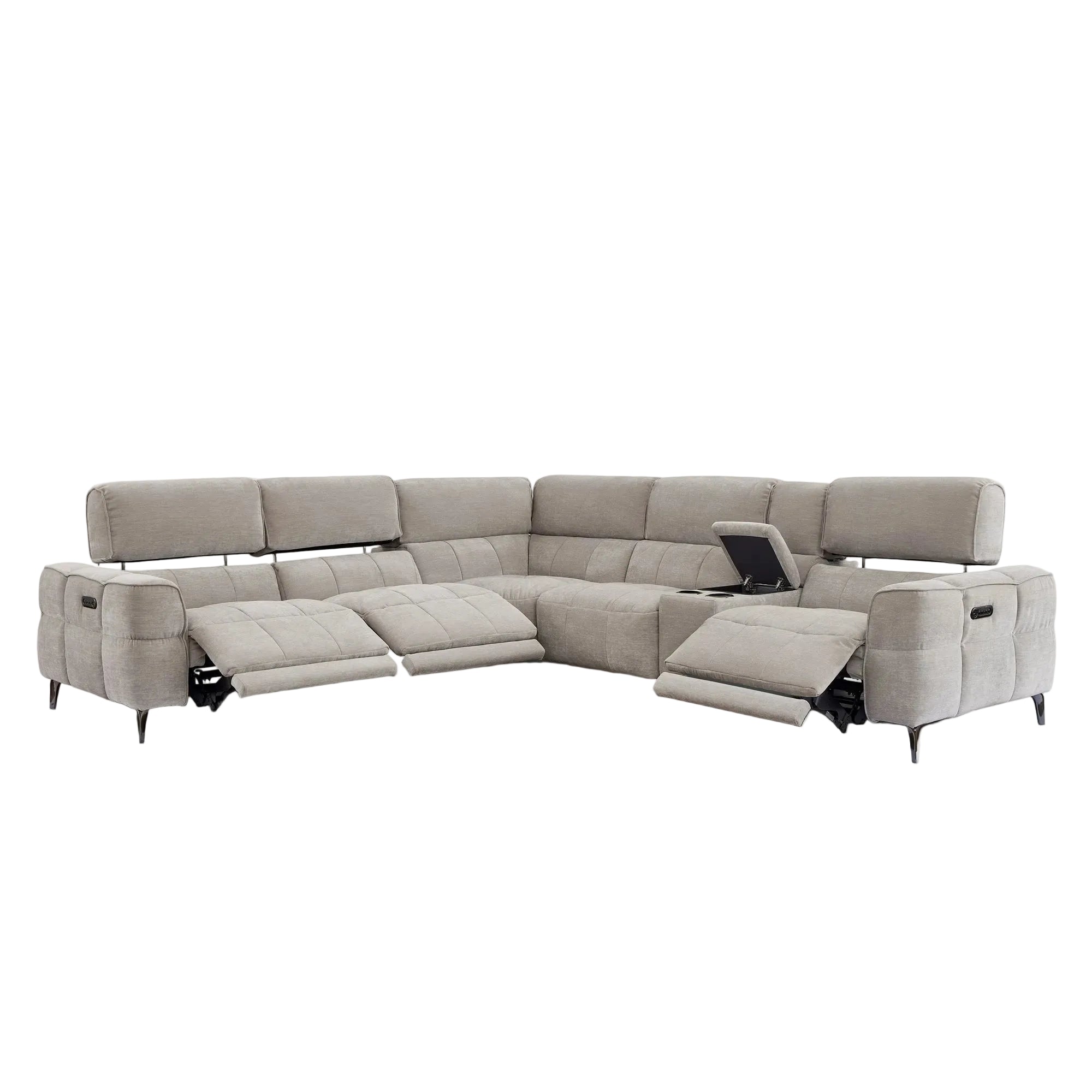 Cubo Gray Mist sectional sofa with reclining features on a white background