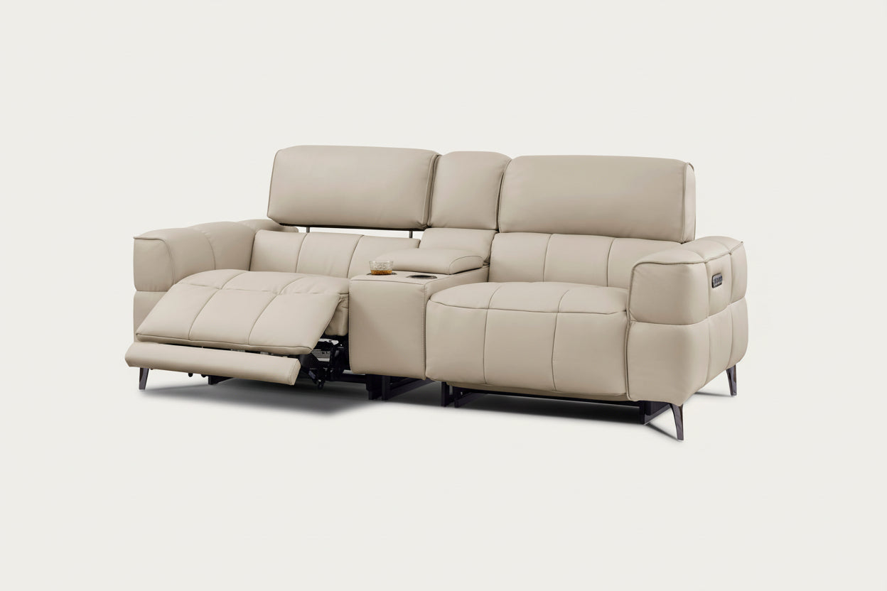 Cubo sofa in oatmeal leather with reclining feature on a white background