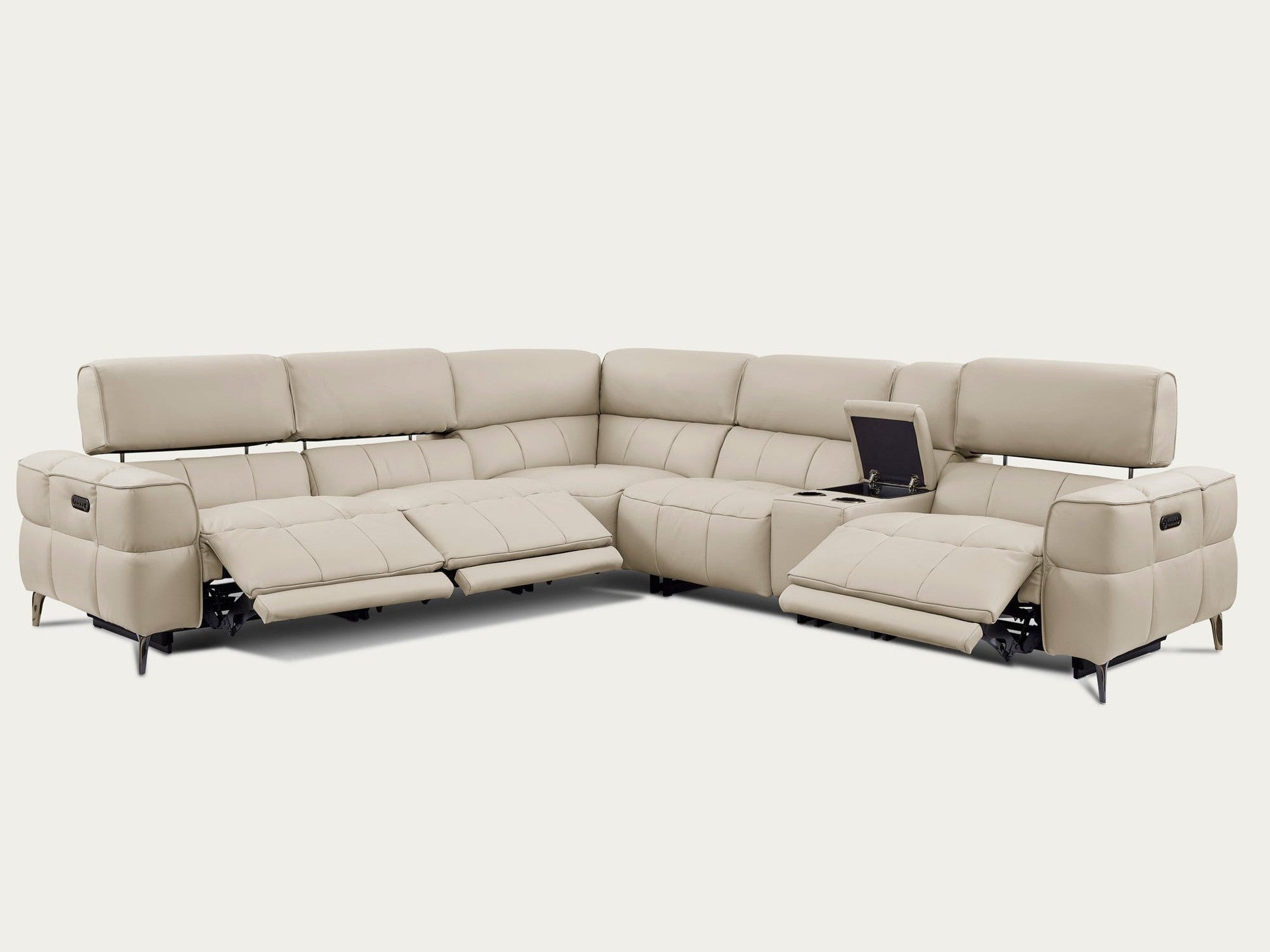 Cubo sectional sofa  in oatmeal leather with reclining features on a white background
