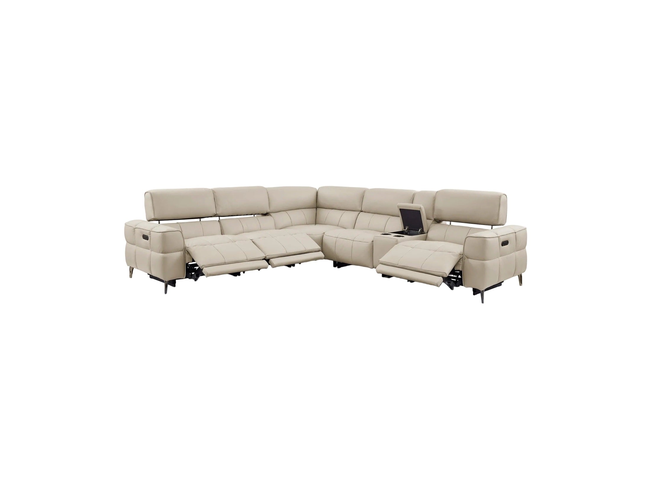 Cubo sectional sofa  in oatmeal leather with reclining features on a white background