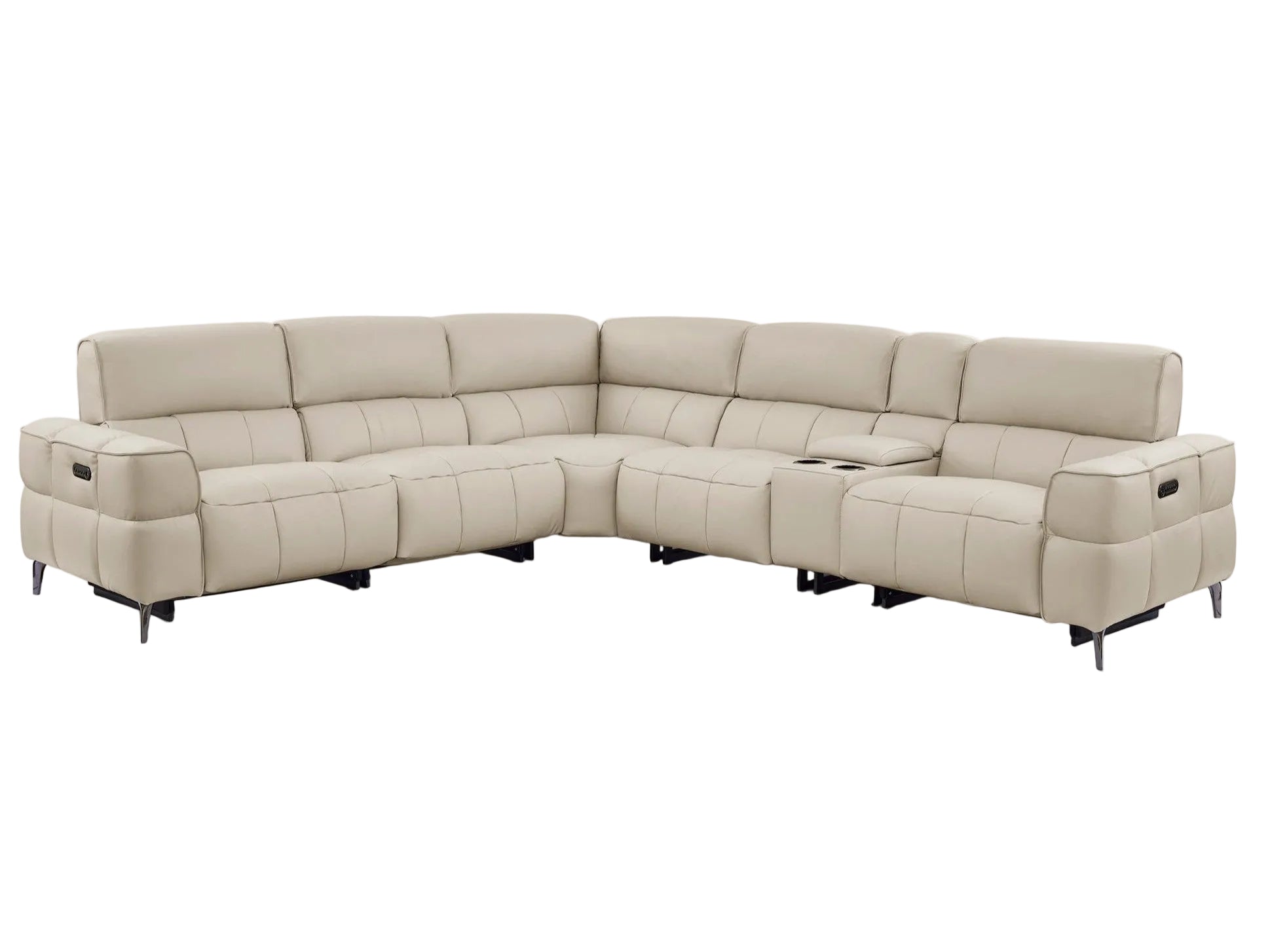 A cream-colored leather power reclining sectional sofa features an L-shaped design and a built-in console with cup holders.