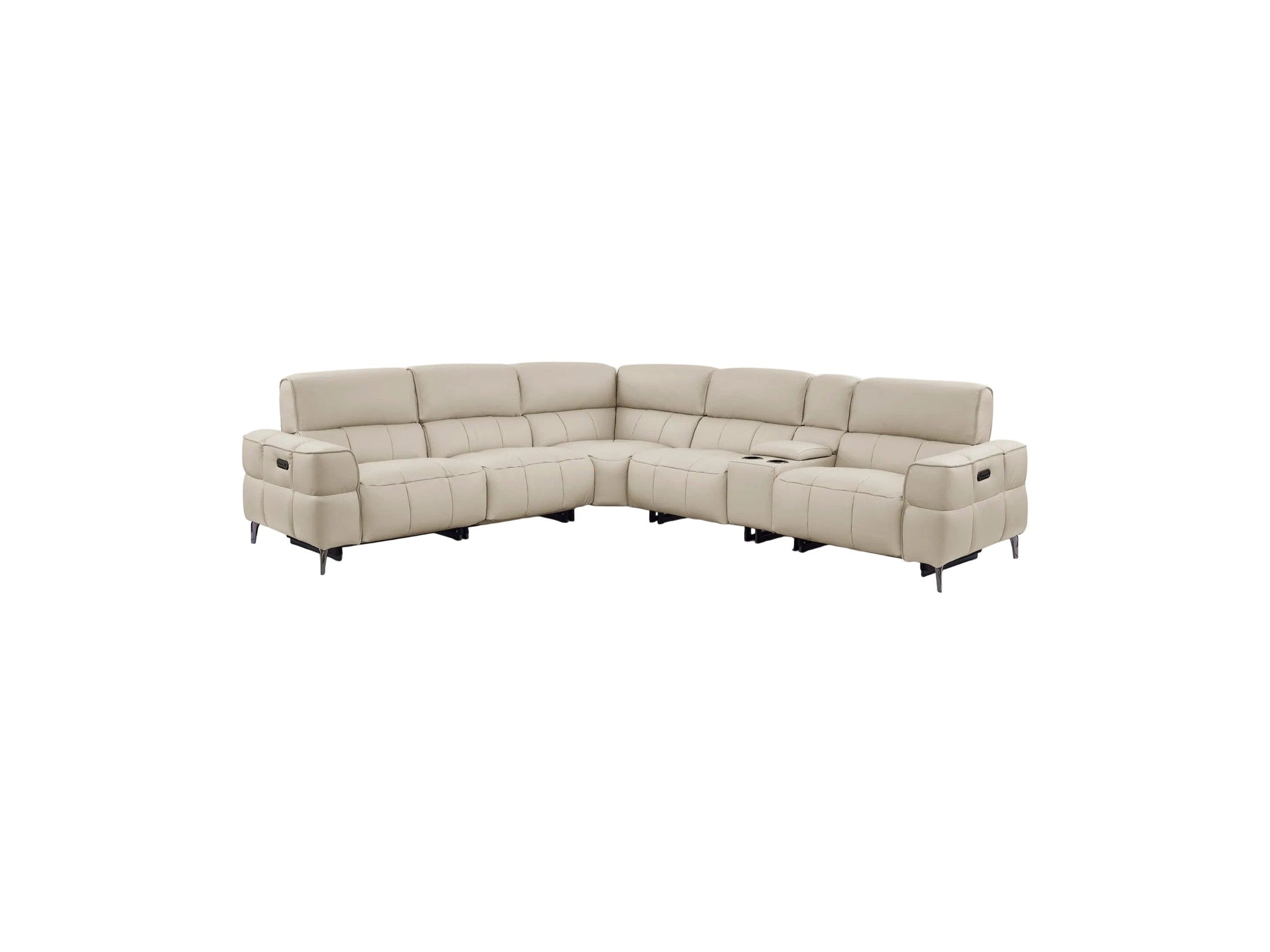 A cream-colored leather power reclining sectional sofa features an L-shaped design and a built-in console with cup holders.
