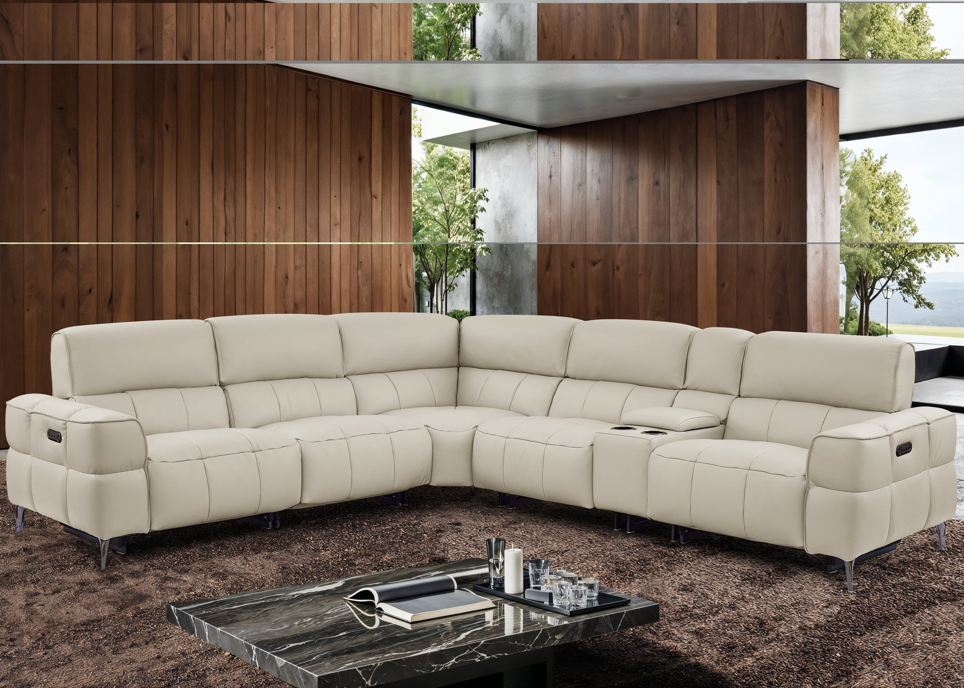 Cubo sectional sofa in oatmeal leather in a modern living room with wooden walls and a coffee table.