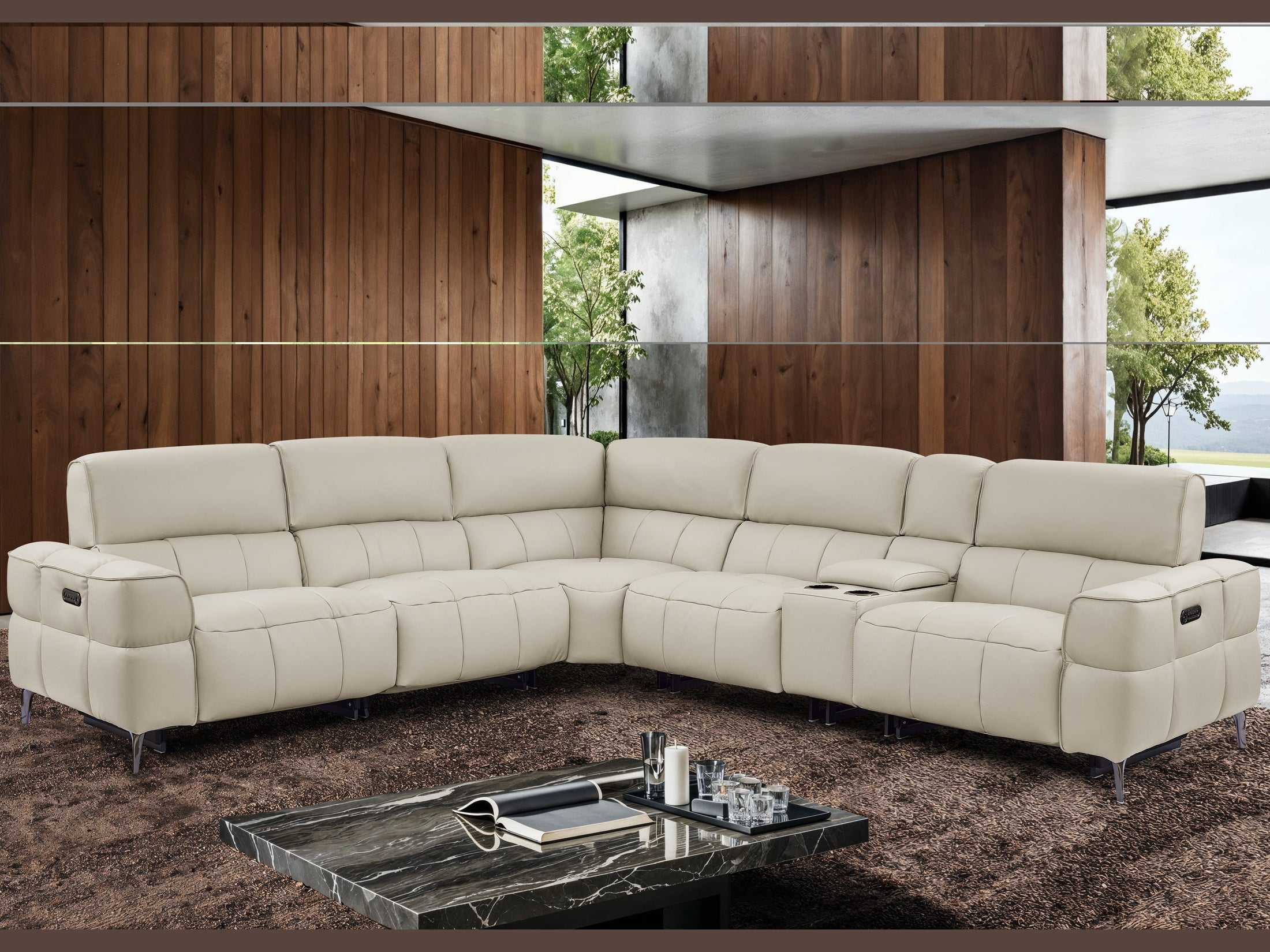 Cubo sectional sofa in oatmeal leather in a modern living room with wooden walls and a coffee table.
