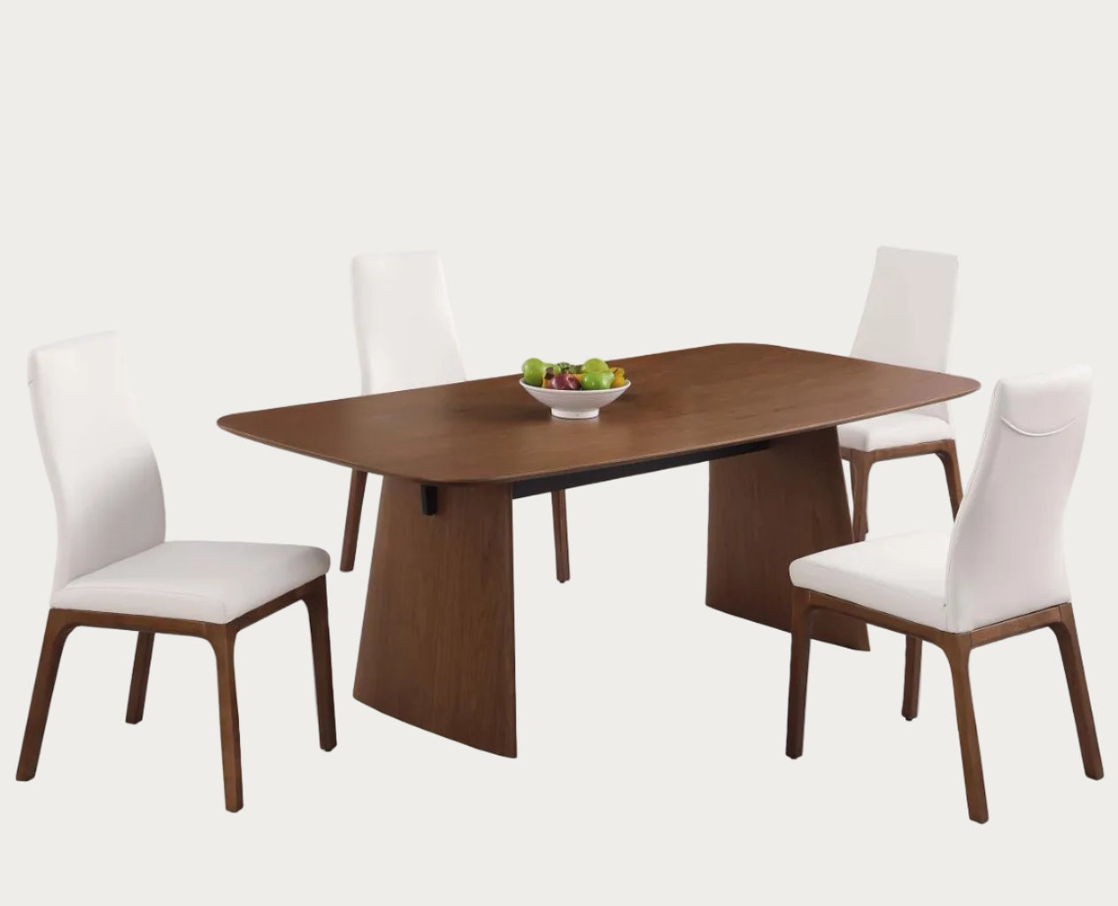 Eden dining room set with four white chairs on a white background