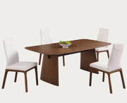 Eden dining room set with four white chairs on a white background