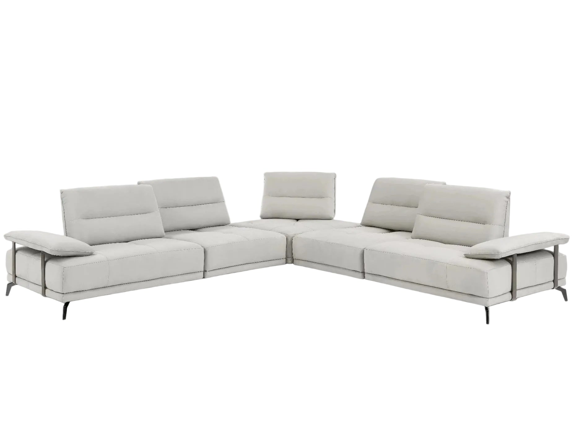 A modern light gray L-shaped sectional sofa with adjustable headrests and thin black legs rests against a white background.
