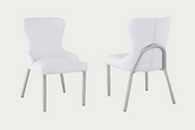 Evelyn two white chairs with metal legs on a white background