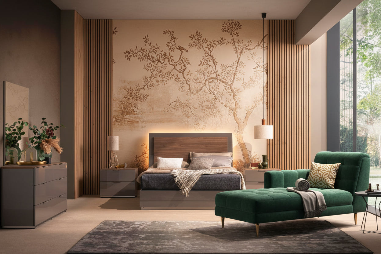 Fifth Avenue modern bedroom set with a large bed, dresser, and wall art.