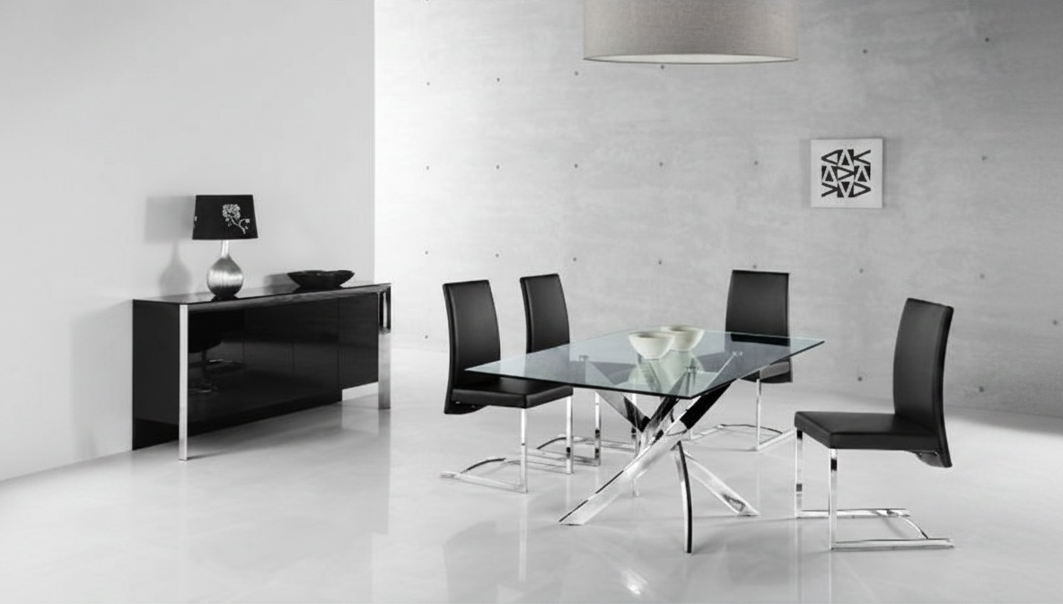 Modern dining room with glass table and black chairs in a minimalistic setting.