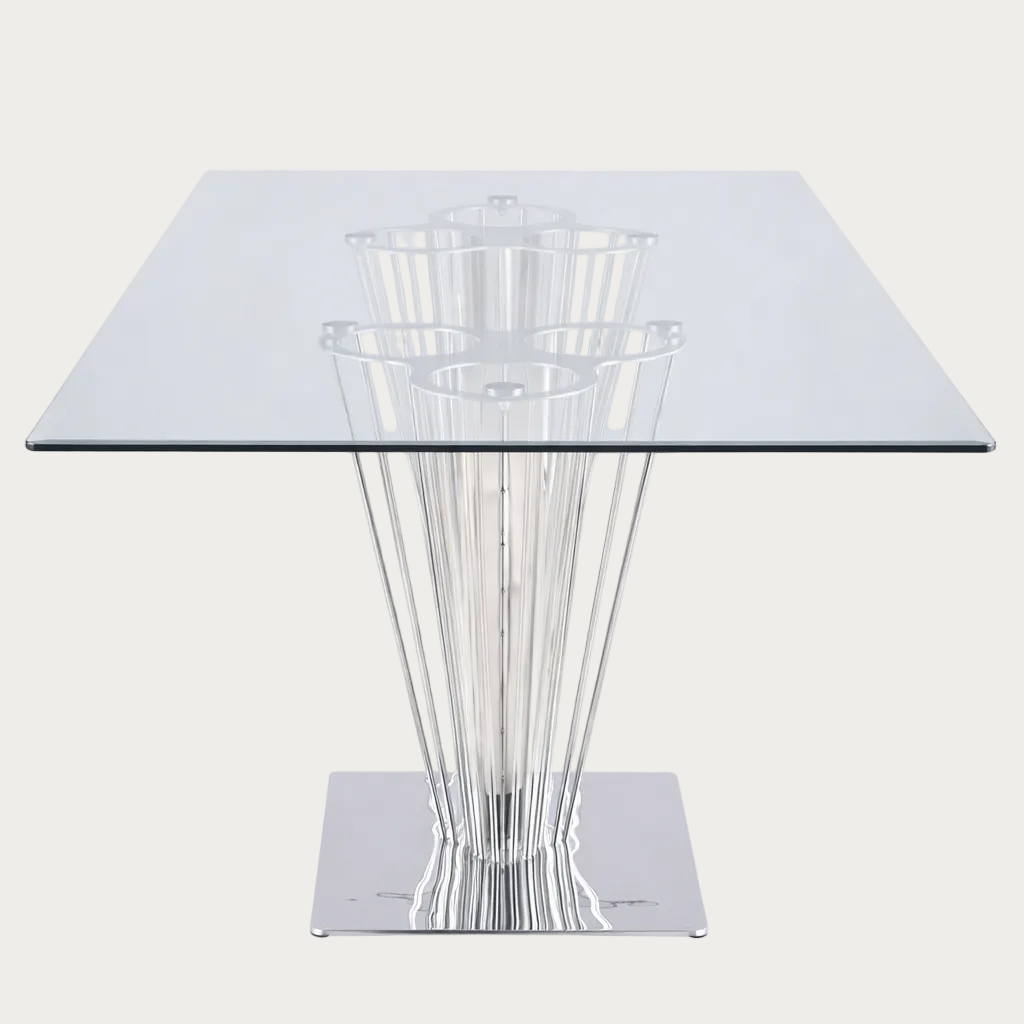 Fernanda modern glass dining table with a transparent cylindrical centerpiece on a white background