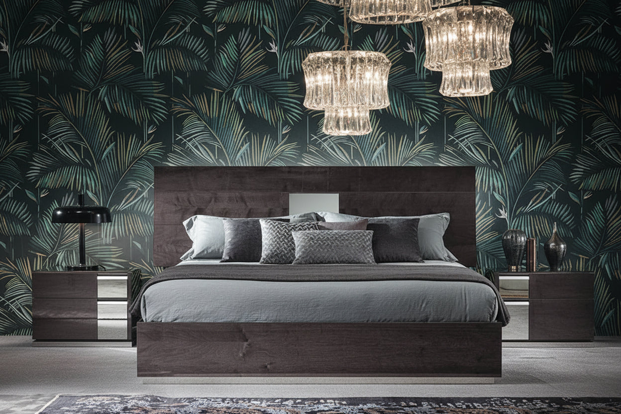 Heritage modern bedroom with a dark wood bed, leaf-patterned wallpaper, and crystal chandeliers.