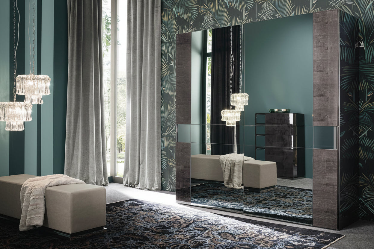 Heritage interior design with a large wardrobe with mirrors, a decorative rug, and stylish furniture.