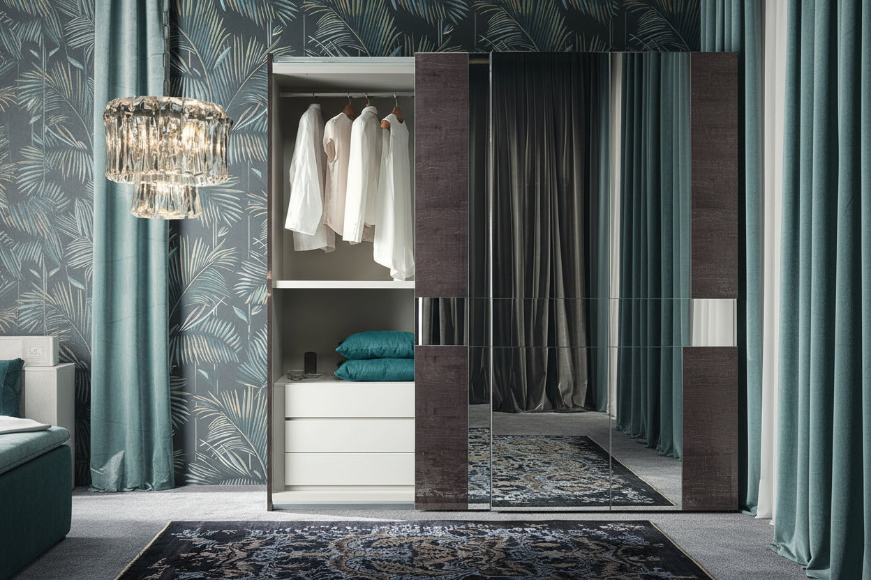 Heritage wardrobe with open doors, clothes, and pillows against a decorative wall.