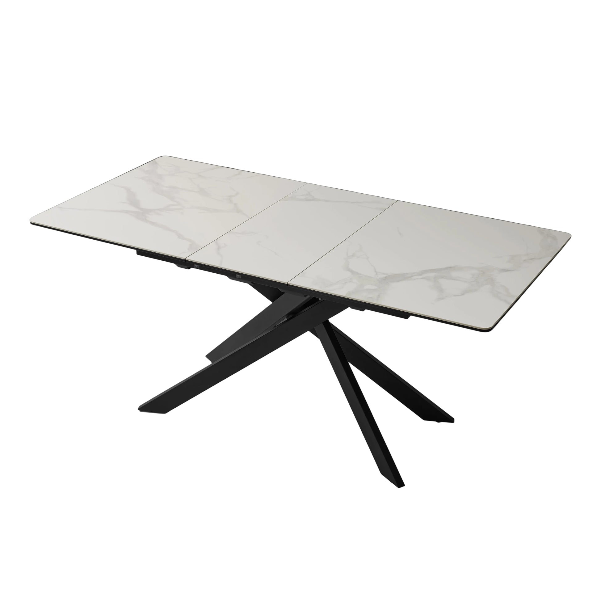 Twist dining table with marble-like top and black metal legs on a gradient background.
