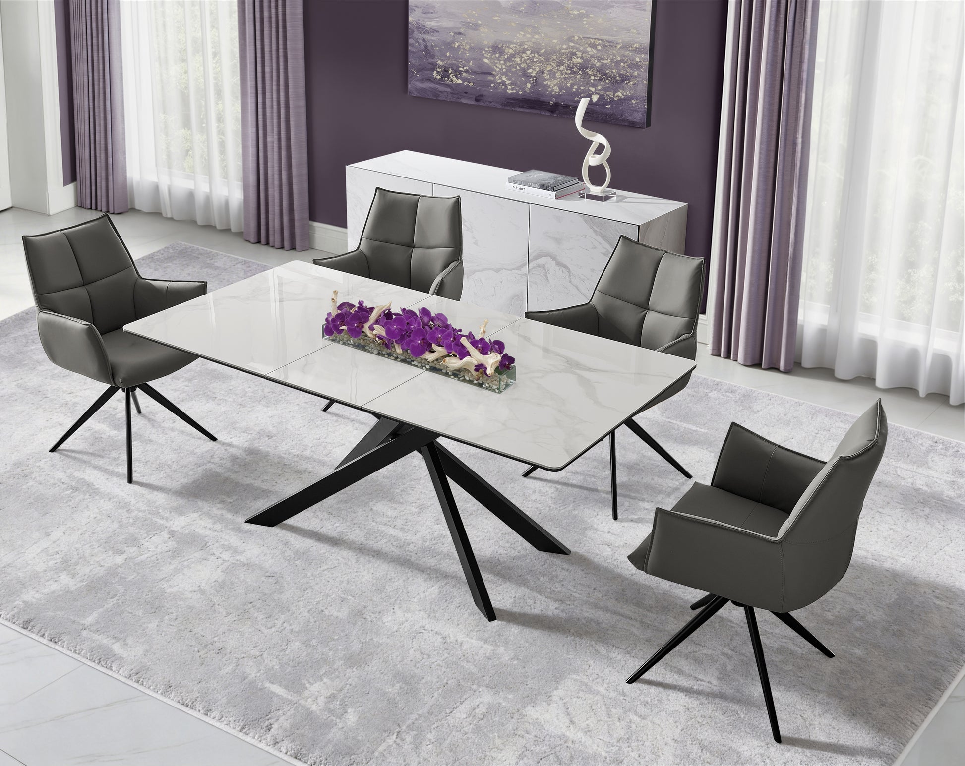 Modern dining room with a marble-patterned Twist extendable table and gray chairs in a stylish interior.
