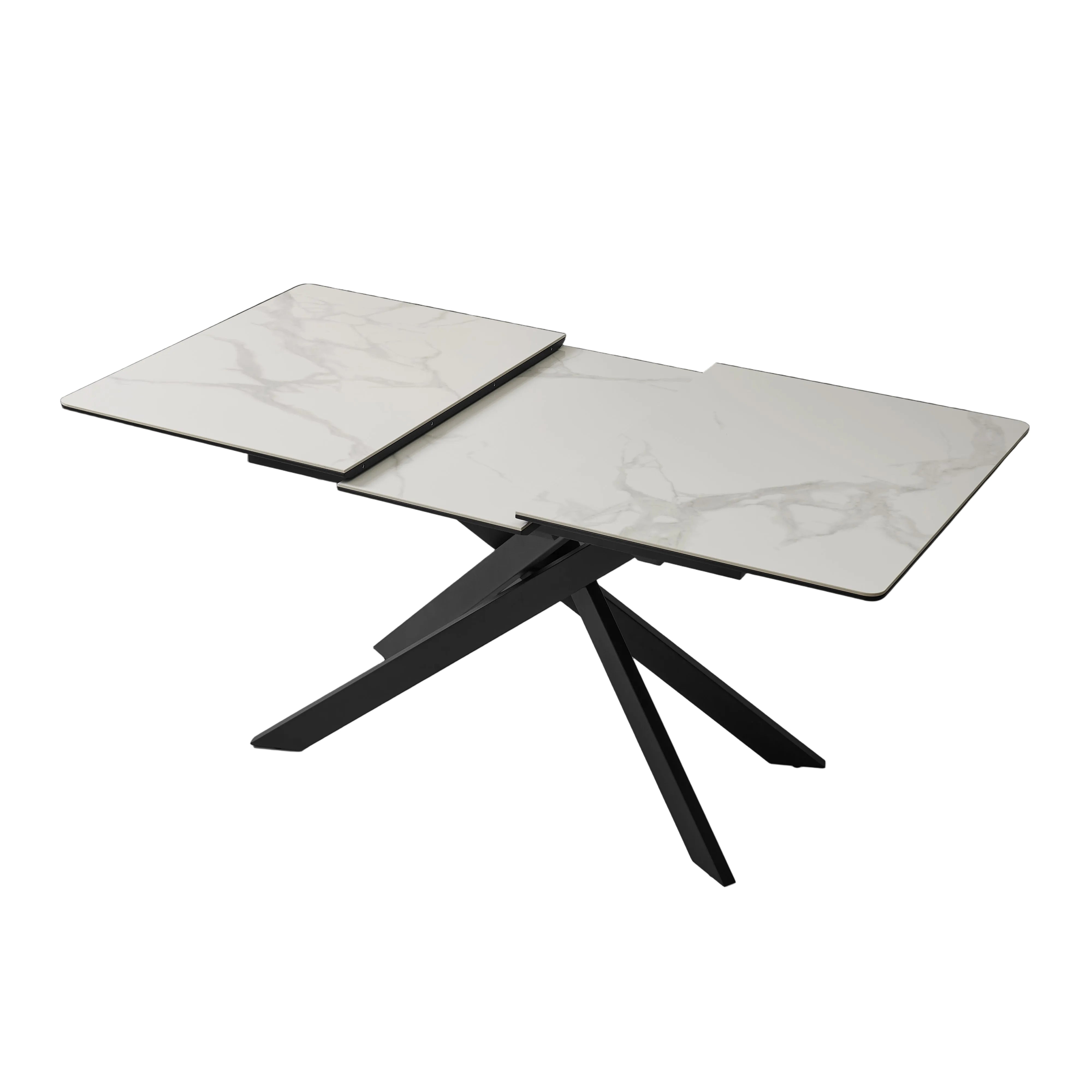 Modern dining table with marble-like top and black metal base on a gradient background