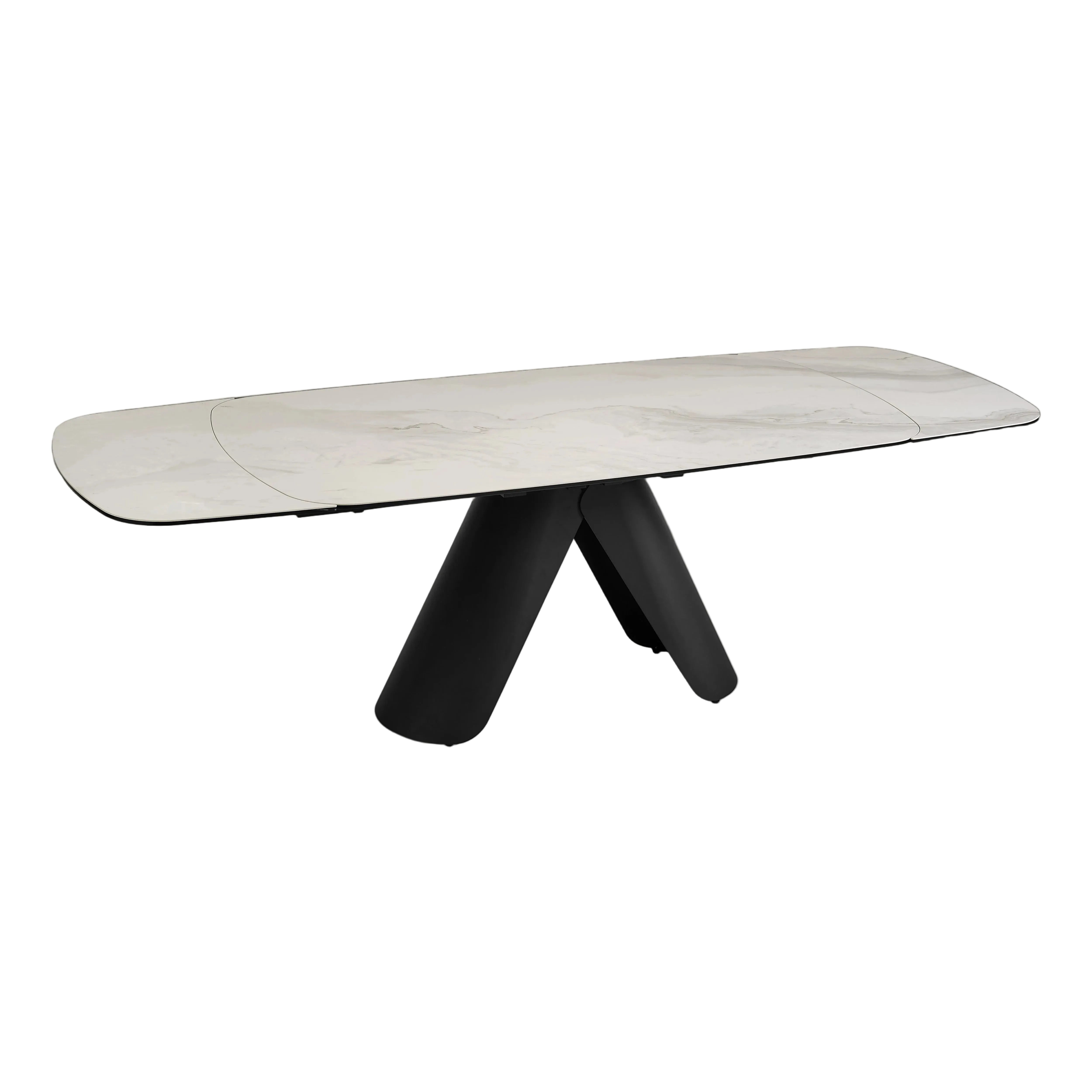 The Tirol extendable dining table with a marble-like top and black legs on a gradient background.