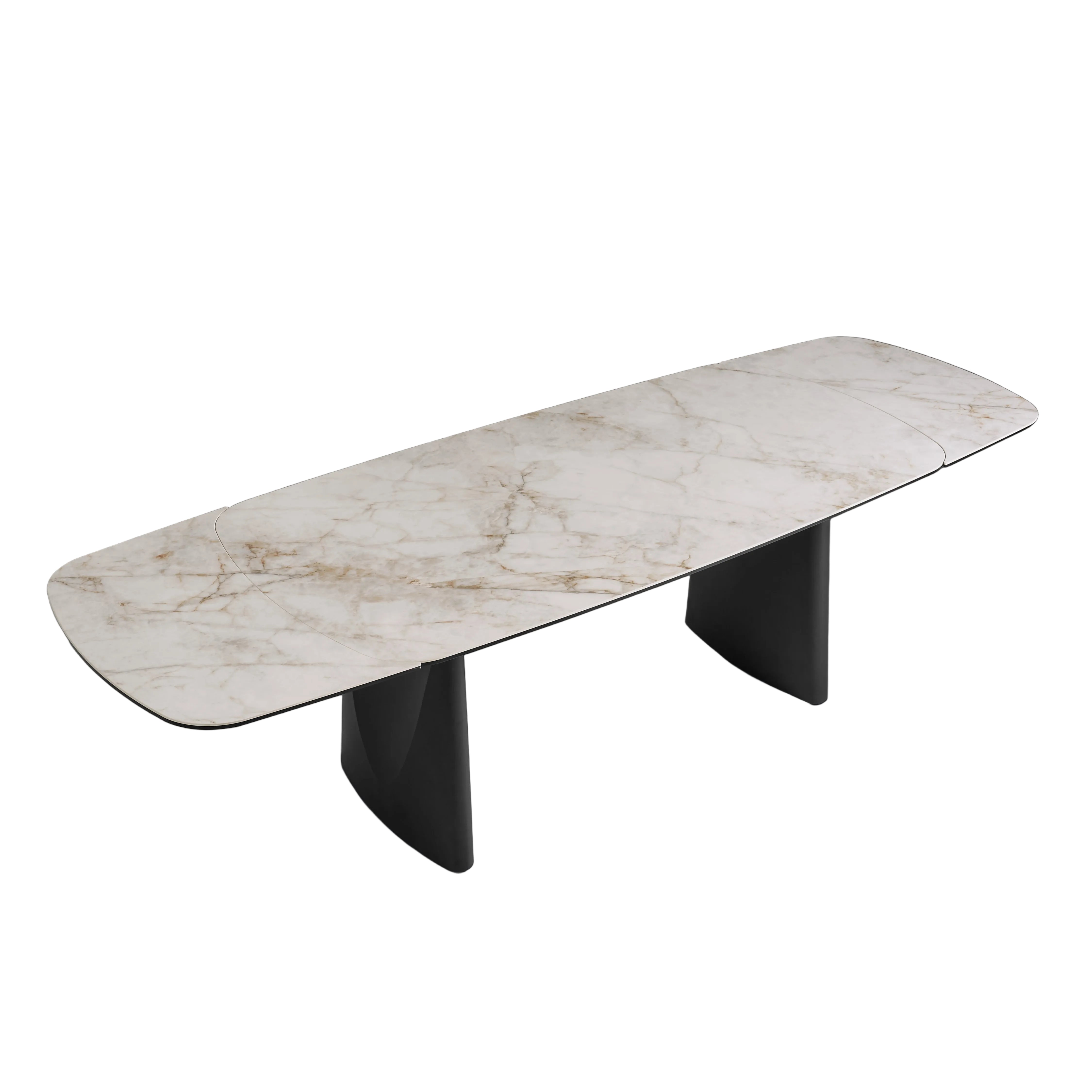 The Plank marble-patterned table with black legs on a gradient gray background