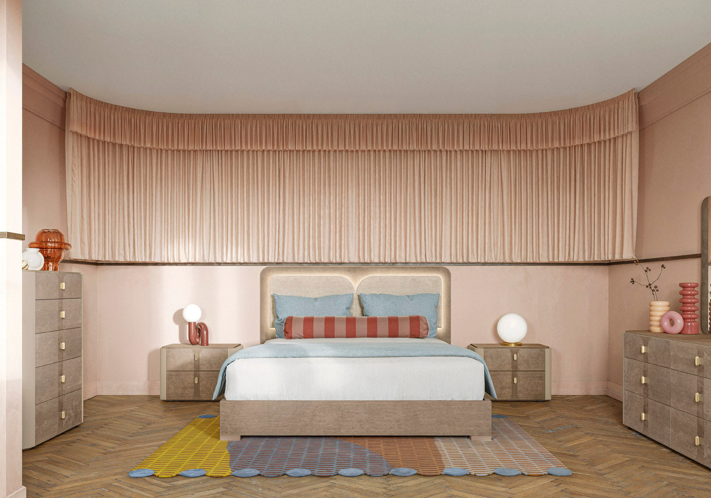 Hebe modern bedroom with a bed, nightstands, and decorative items.