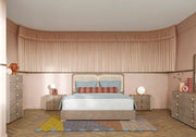 Hebe modern bedroom with a bed, nightstands, and decorative items.