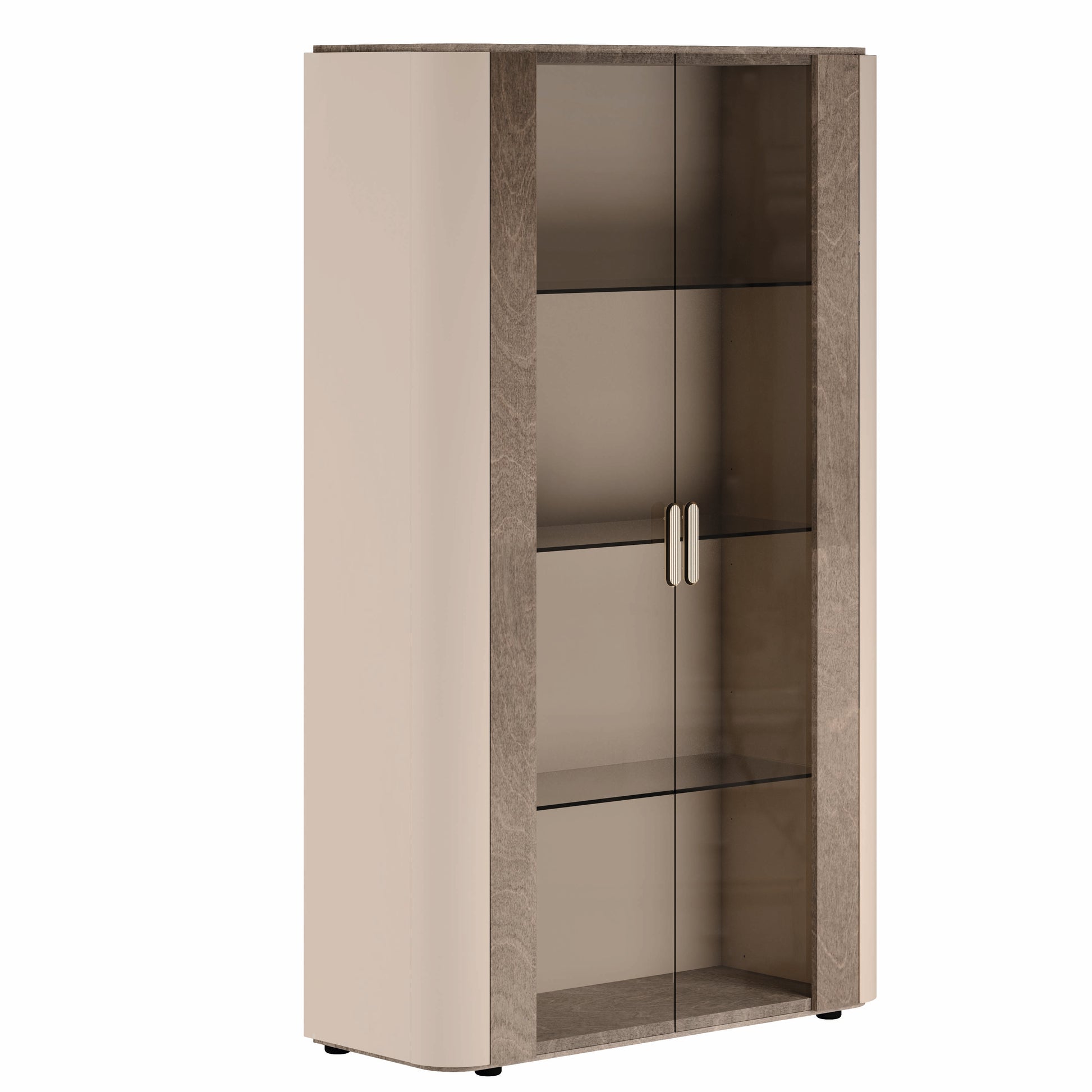 Hebe tall curio cabinet with glass doors and wooden frame on a white background