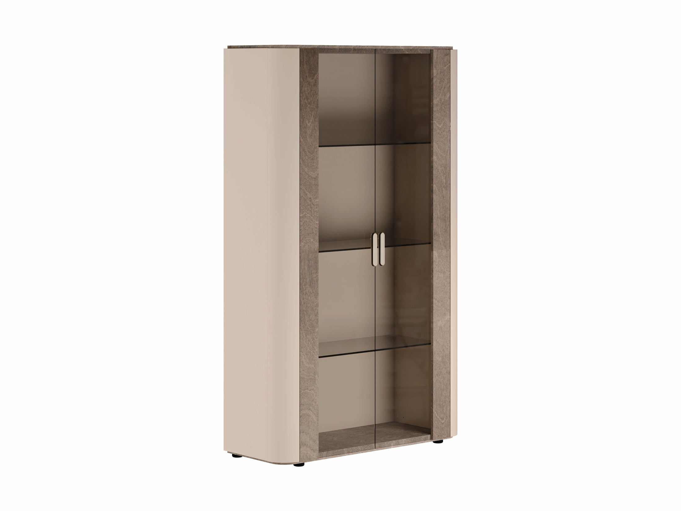 Hebe tall curio cabinet with glass doors and wooden frame on a white background
