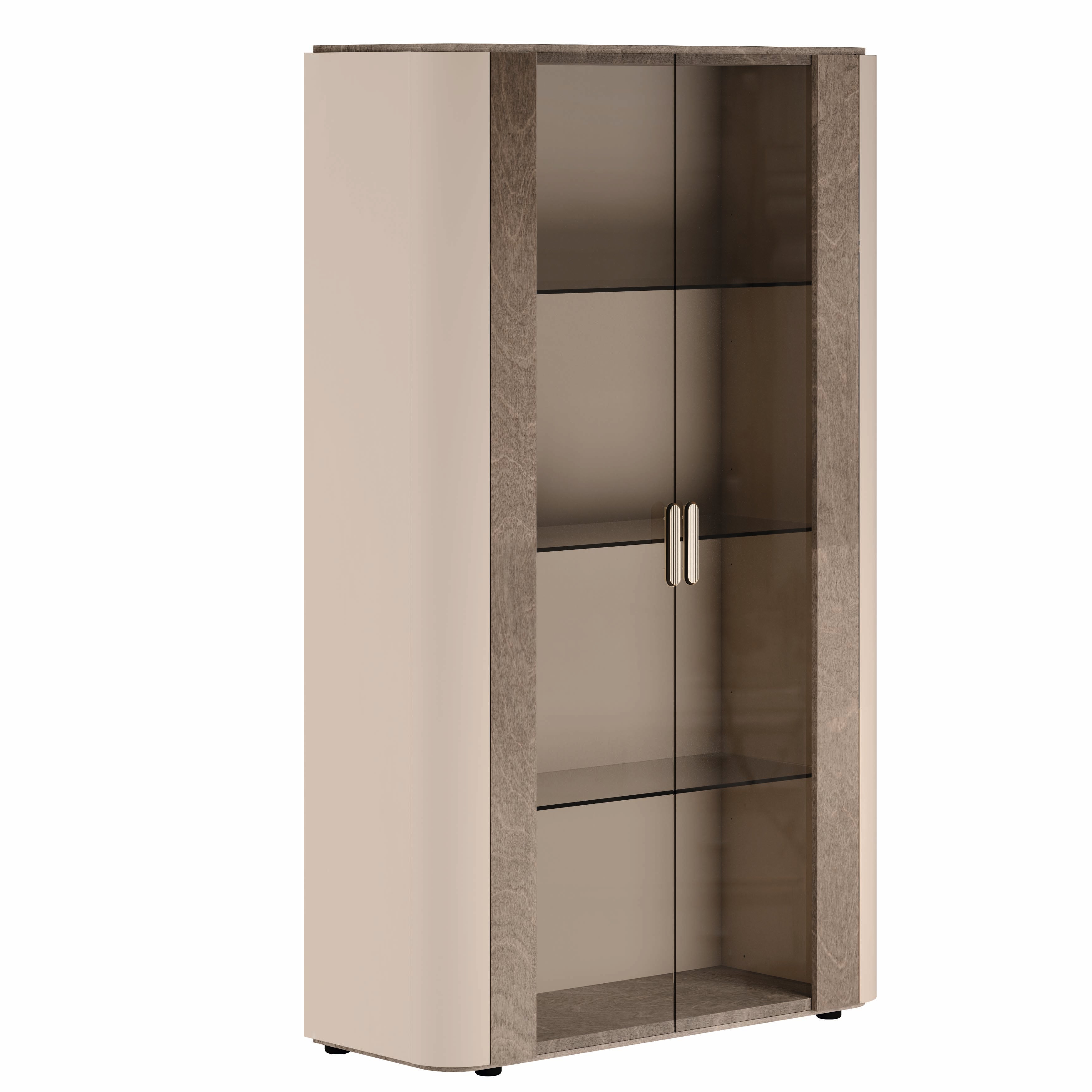 Hebe tall curio cabinet with glass doors and wooden frame on a white background