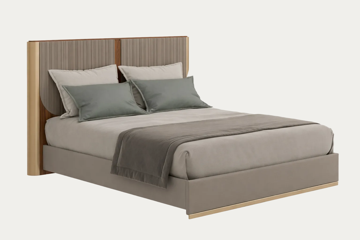 Hera beige bed with wooden headboard and gray bedding on a white background.