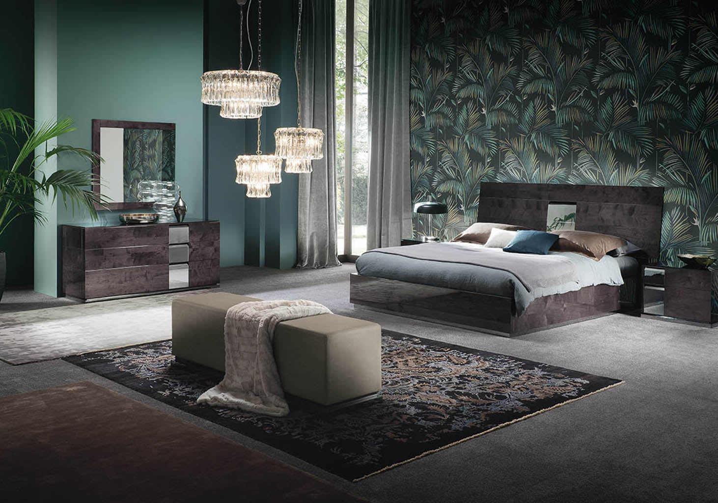 Heritage modern bedroom with dark wood furniture, floral wallpaper, and decorative lighting.