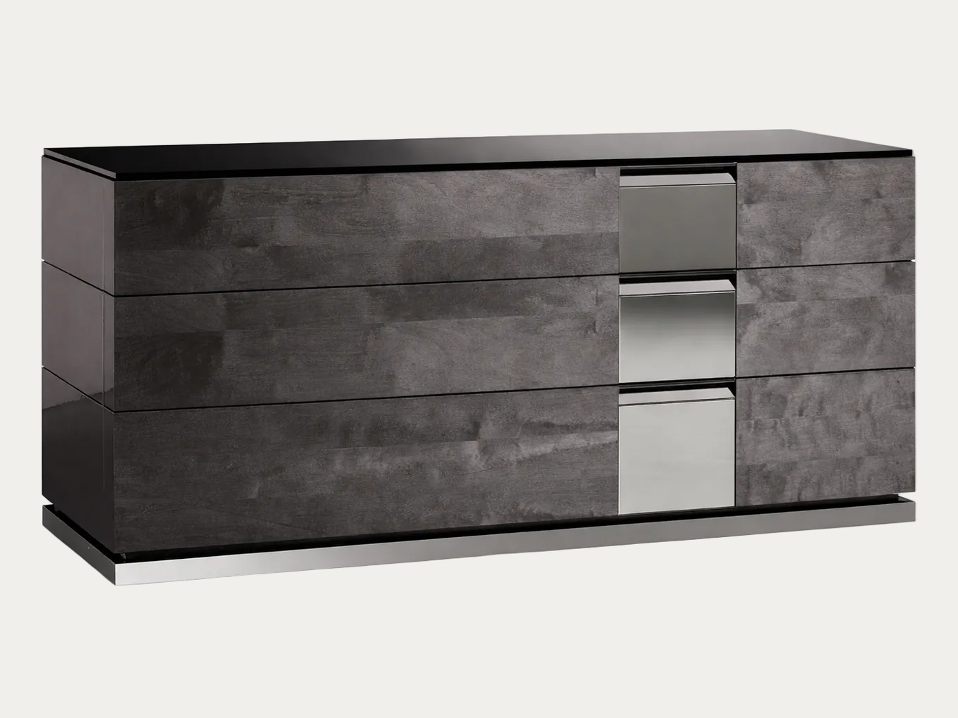 Heritage gray dresser with reflective surfaces on a white background.