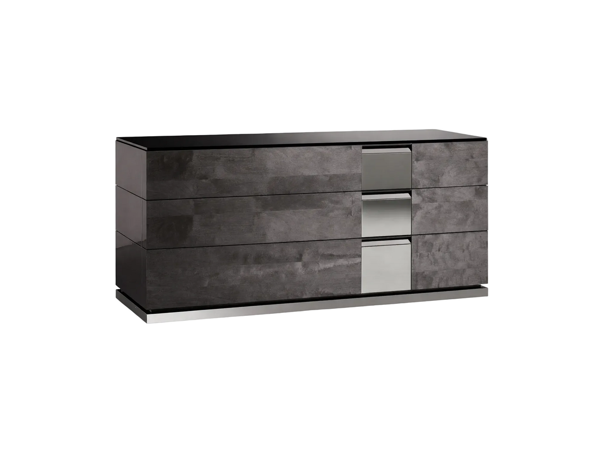 Heritage gray dresser with reflective surfaces on a white background.