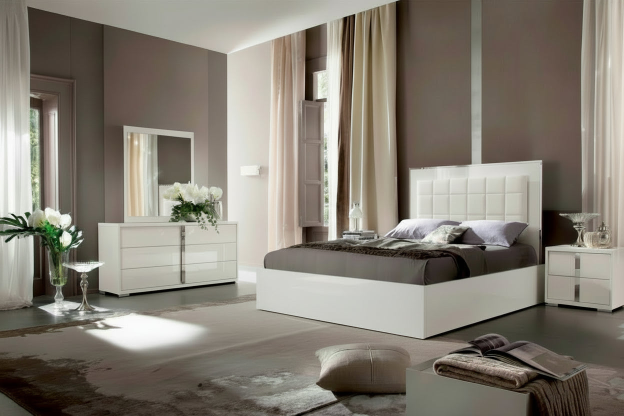 Imperia modern bedroom with gray walls, white furniture, and decorative elements.