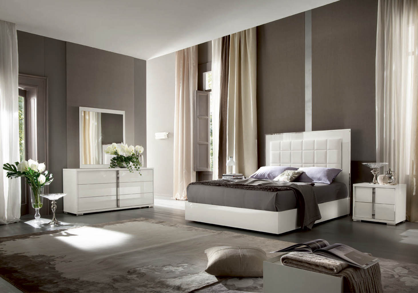 Imperia modern bedroom with gray walls, white furniture, and decorative elements.
