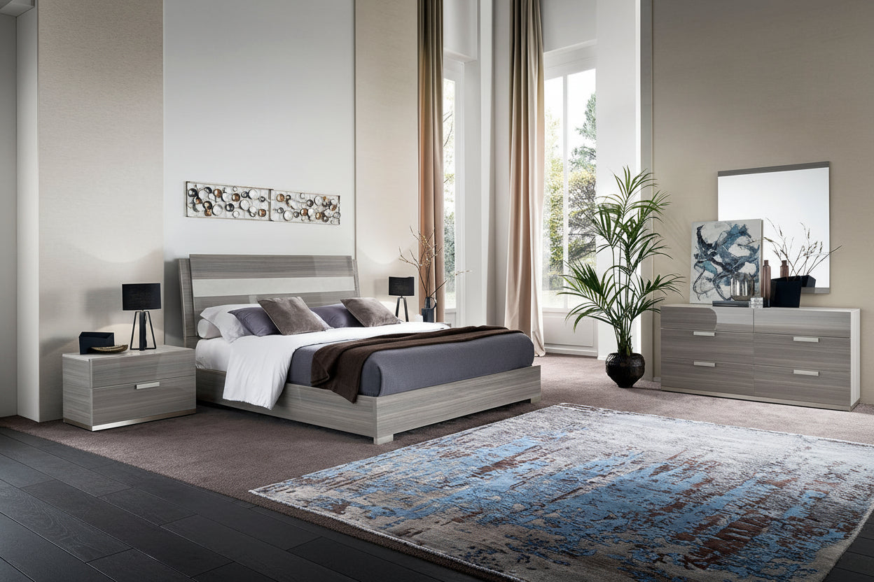 Iris modern bedroom with gray bed, nightstands, and dresser.