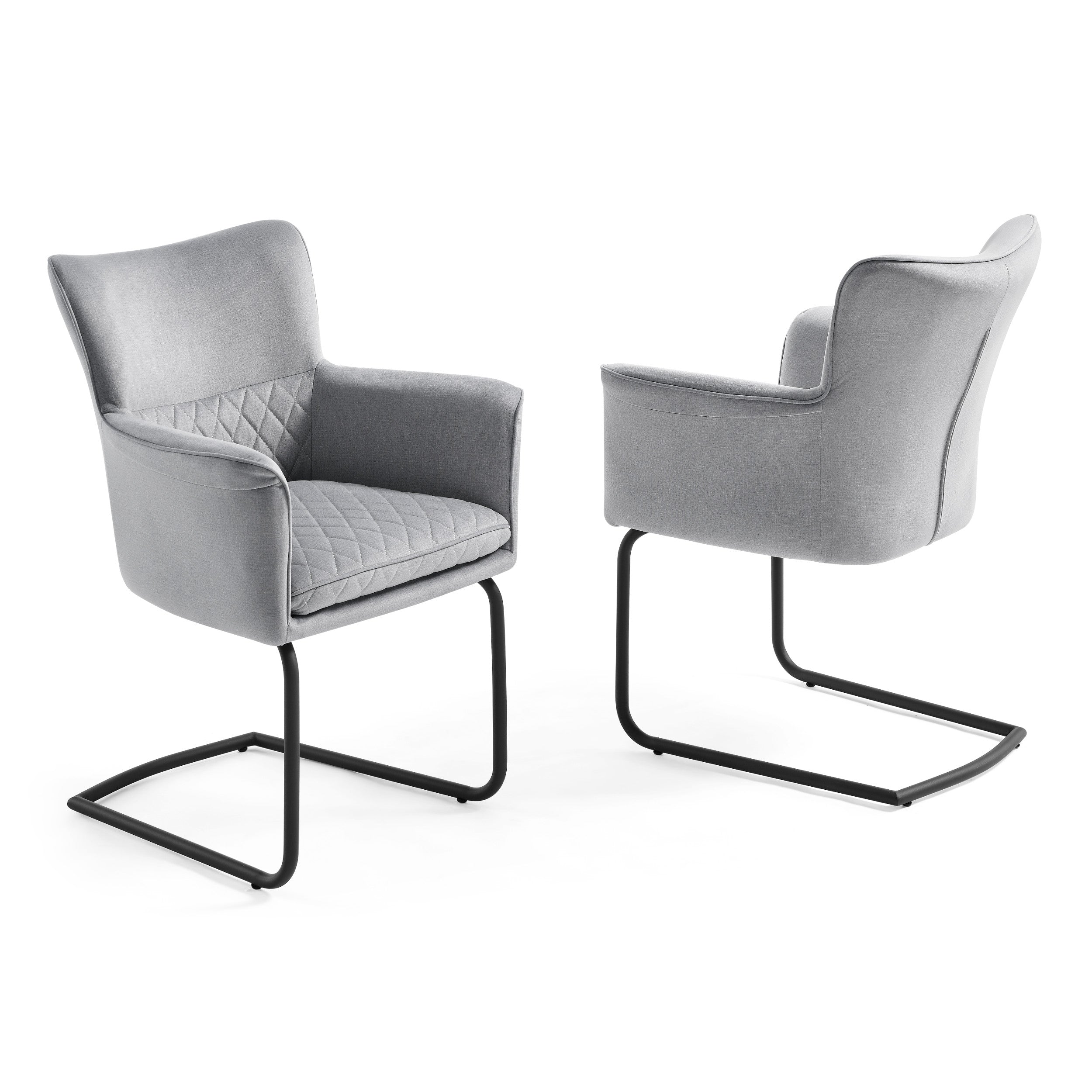Two Loran gray chairs with quilted armrests on a white background.