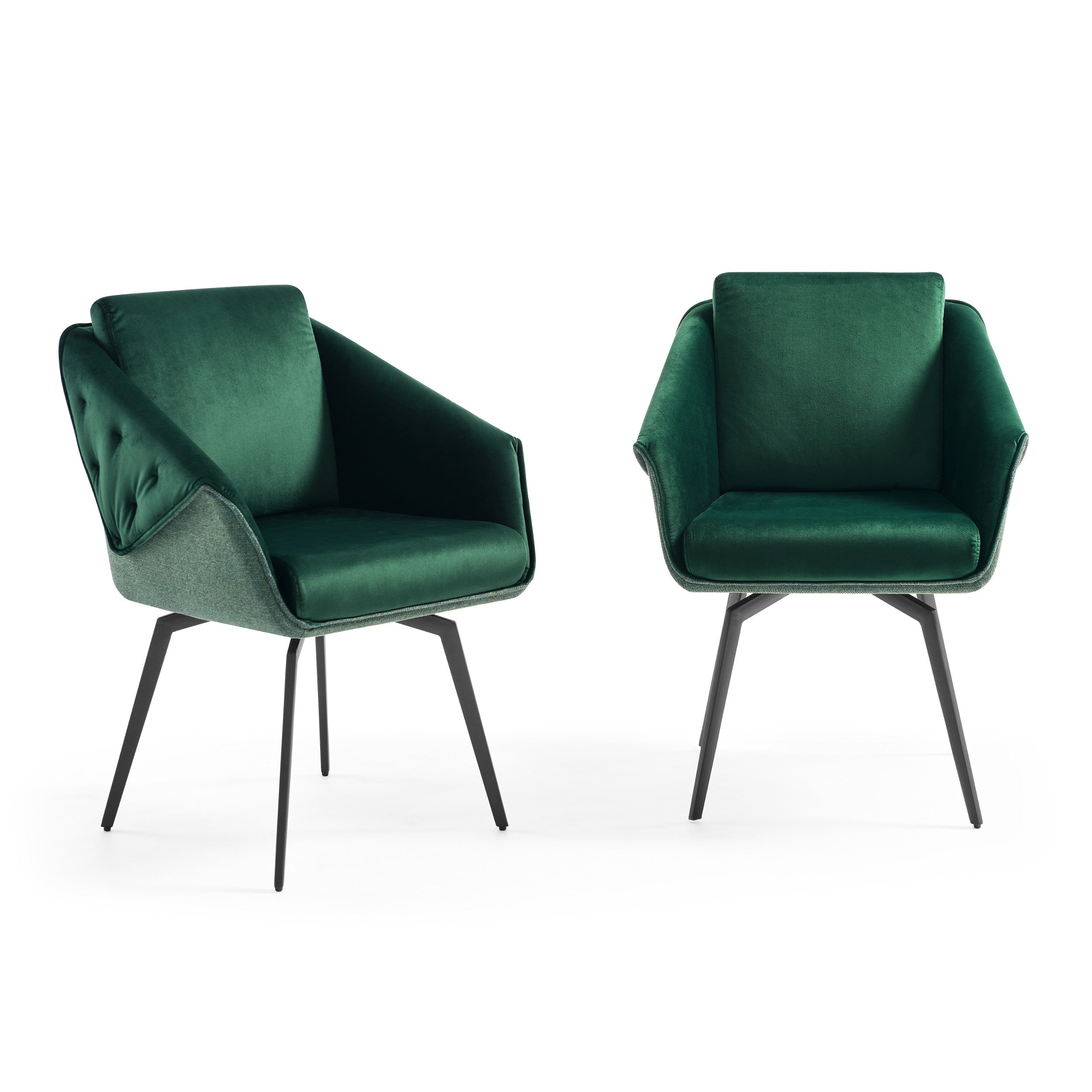 Two Jess green armchairs on a white background.